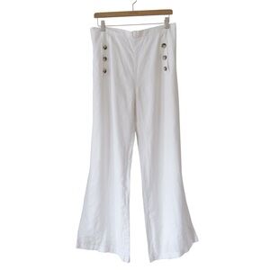 Elan White Linen Trouser Pants Large Button Detail Wide Leg Minimalist Beach